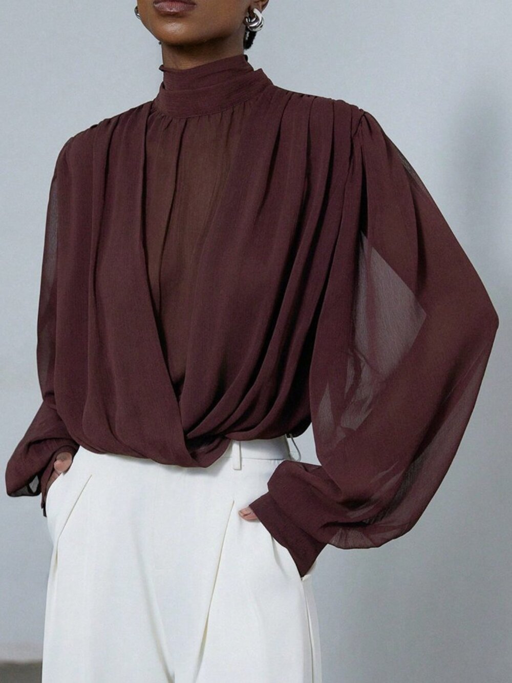 Rusty Rose Elegant Women's Chiffon Blouse with Mock Neck And Puff Sleeves